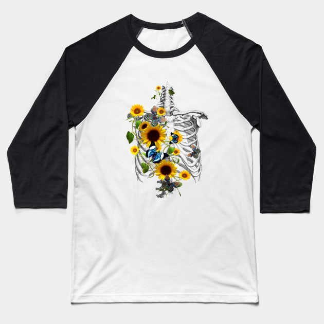 Botanical human skeleton art, Rib cage and flowers, sunflowers and butterflies ribcage Baseball T-Shirt by Collagedream